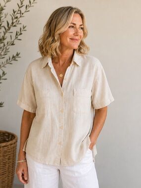 Leigh Morgan Linen Cotton Button Up Shirt L Ivory Coastal Grandmother Minimalist